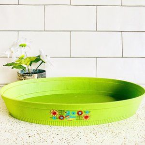 Vintage 70s green plastic tray boho bird flowers